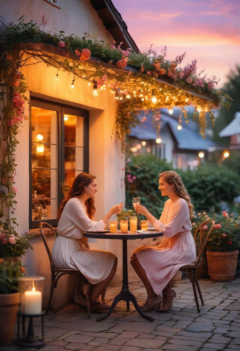 A heartfelt scene depicting a couple engaged in a cozy conversation at a sunset-lit café, surrounded by warm glowing lights. They hold hands across the table, with soft smiles, while a gentle breeze rustles nearby flowers. The atmosphere radiates love and intimacy, with soft-lit candles and a backdrop of vibrant colors in the sky. watercolor painting. soft focus. warm tones.