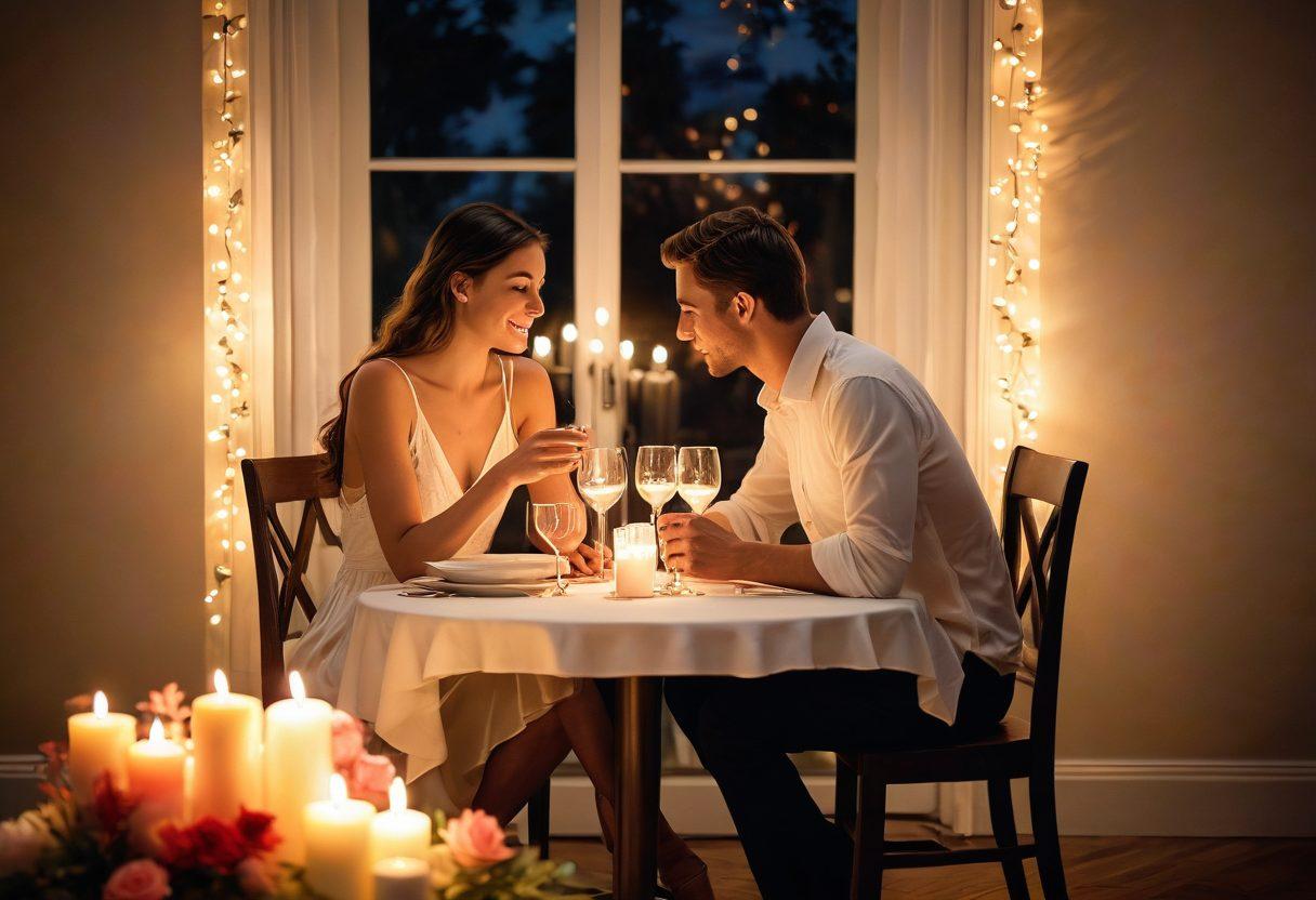 A romantic setting featuring a couple communicating through different love languages: words of affirmation, acts of service, gift-giving, quality time, and physical touch. The backdrop includes a cozy candlelit dinner and heart-shaped decorations. Soft colors and gentle expressions convey warmth and intimacy. ethereal glow. super-realistic. vibrant colors.