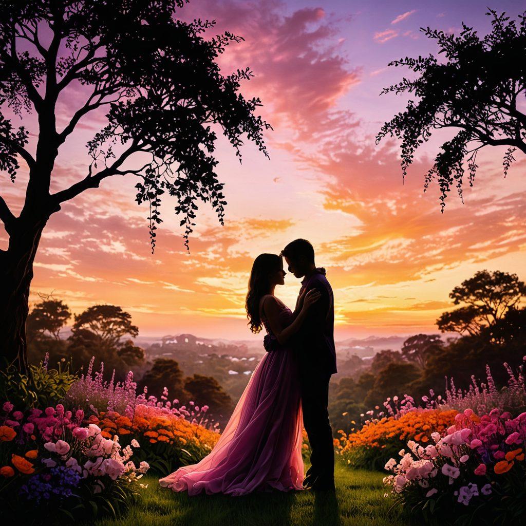 A warm and inviting scene featuring a couple silhouetted against a radiant sunset, their hands intertwined, surrounded by blooming flowers symbolizing love. Soft, flowing lines depict the emotional connections, while hearts subtly weave through the background. Inviting colors of pink, orange, and purple create a passionate atmosphere. magical realism. vibrant colors.